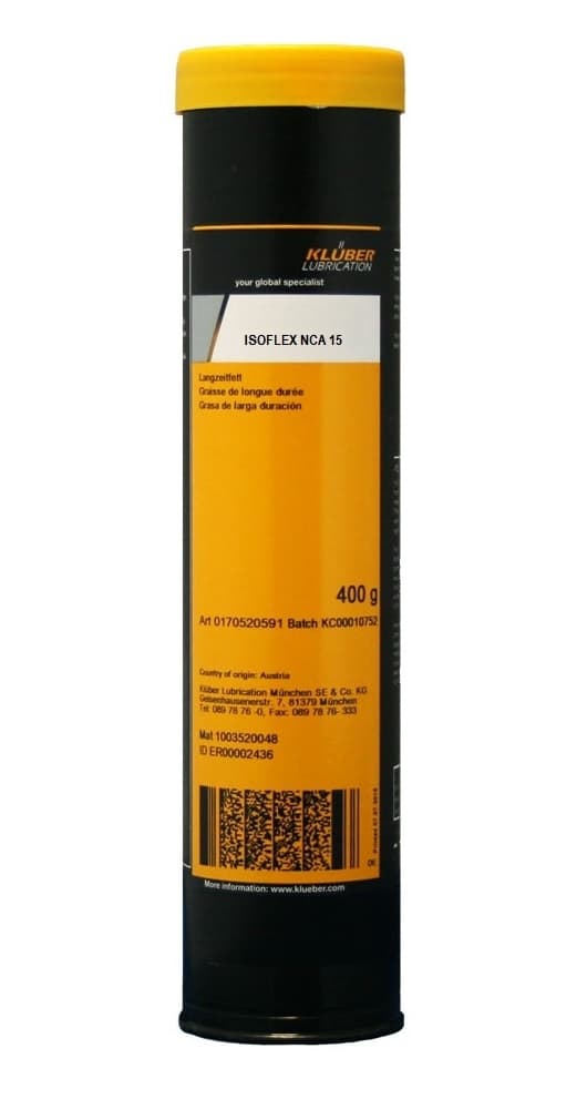 Klüber ISOFLEX NCA 15 Mỡ vòng bi trục chính hộp 400g / Klüber ISOFLEX NCA 15 Spindle bearing grease 400g cartridge Klüber ISOFLEX NCA 15 Mỡ vòng bi trục chính hộp 400g / Klüber ISOFLEX NCA 15 Spindle bearing grease 400g cartridge